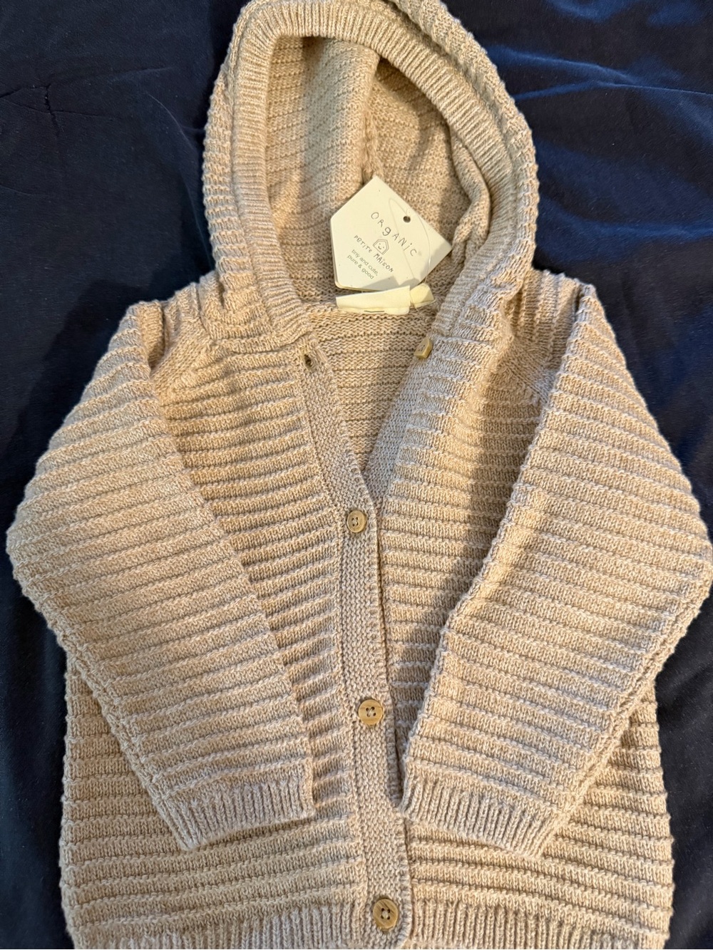 Organic Cotton Beige Hooded Knit Cardigan for Kids